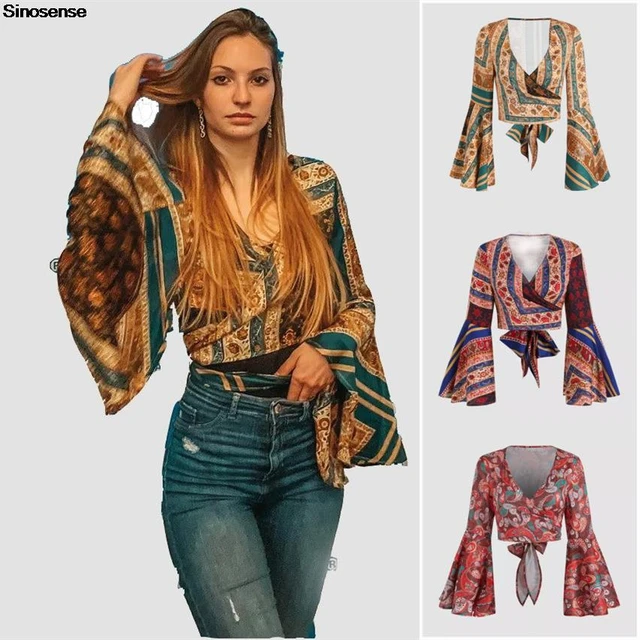 Women's Vintage Floral Print Boho Shirts Tops Sexy V Neck Tie Back Flare  Sleeve Cropped Shirt Blouses Casual Bohemian Blouses - AliExpress