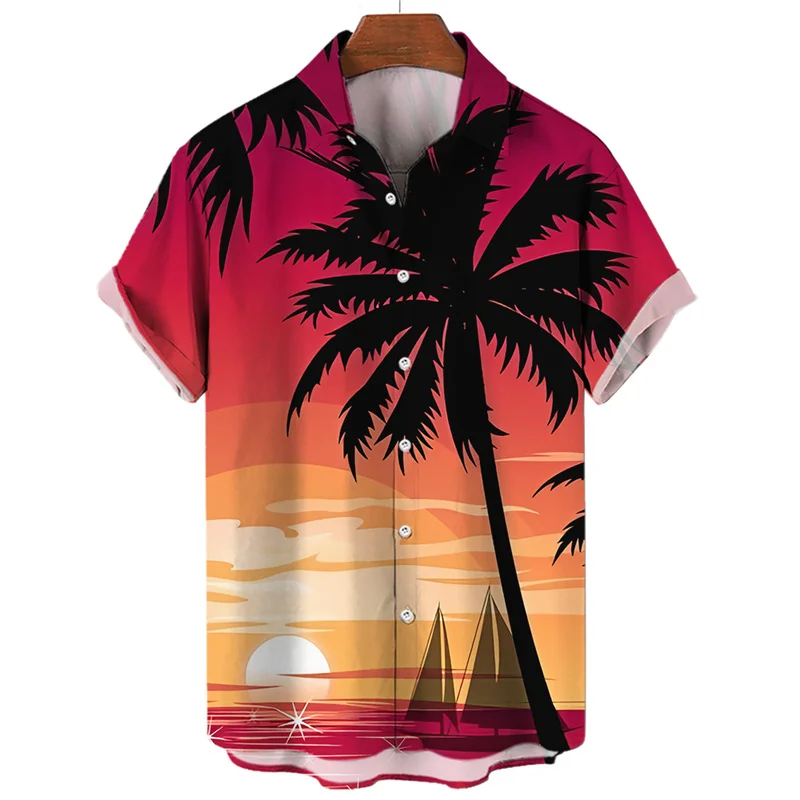 Hawaiian Men's Coconut Tree Print Shirt, Lapel Shirt, Beach Style, Casual, Oversized, Short-sleeved Fashion Clothes