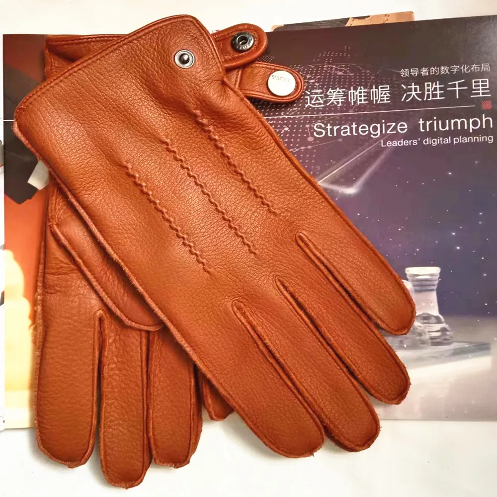 Fashion Luxury Men Deerskin Gloves Button Wrist Solid Genuine Leather Male Winter Driving Glove Em012wr