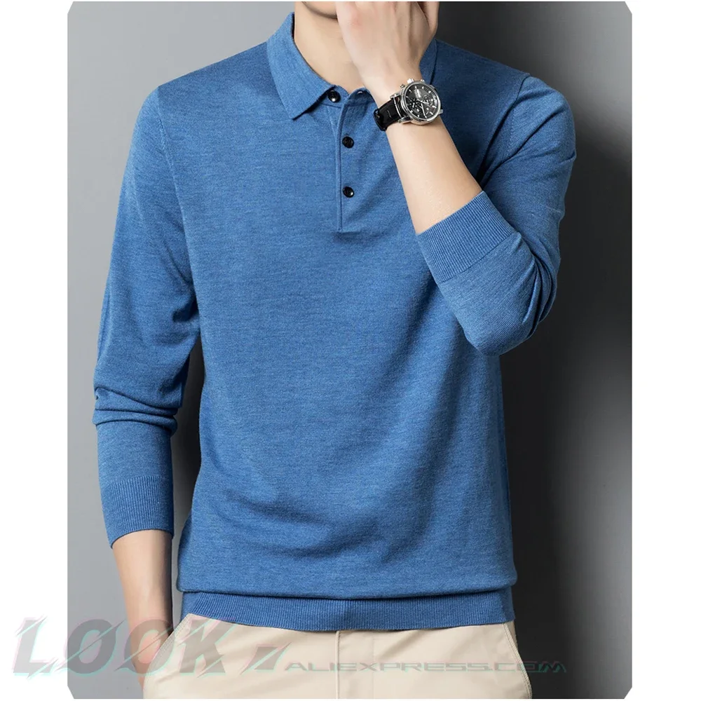 

Men's Autumn Long-Sleeved Wool Blend Solid Color Polo Pullover Sweater with Lapel, Casual Bottoming Sweater -Sizes M-4XL