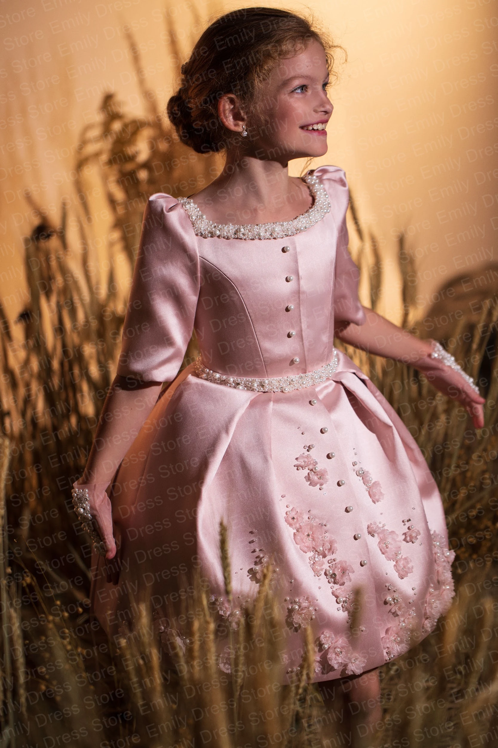 Customized Pink Flower Girl Dresses For Wedding Puffy Applique