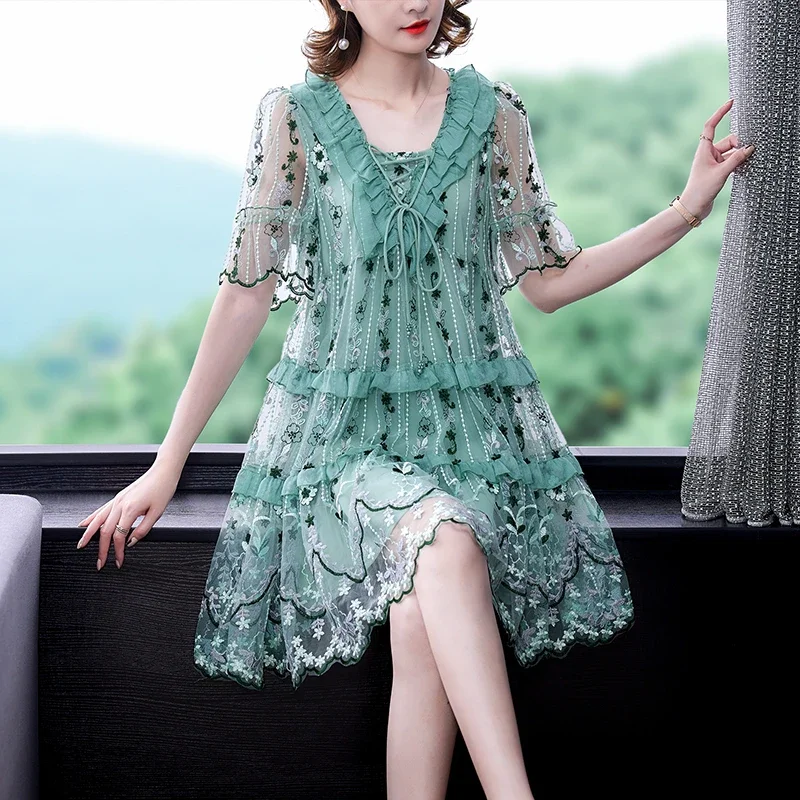 

2023 Summer Women V Neck Ruffled Embroidery Purple Green A Line Knee Length Dress , Woman Clothing 4xl 5xl Mesh Dresses