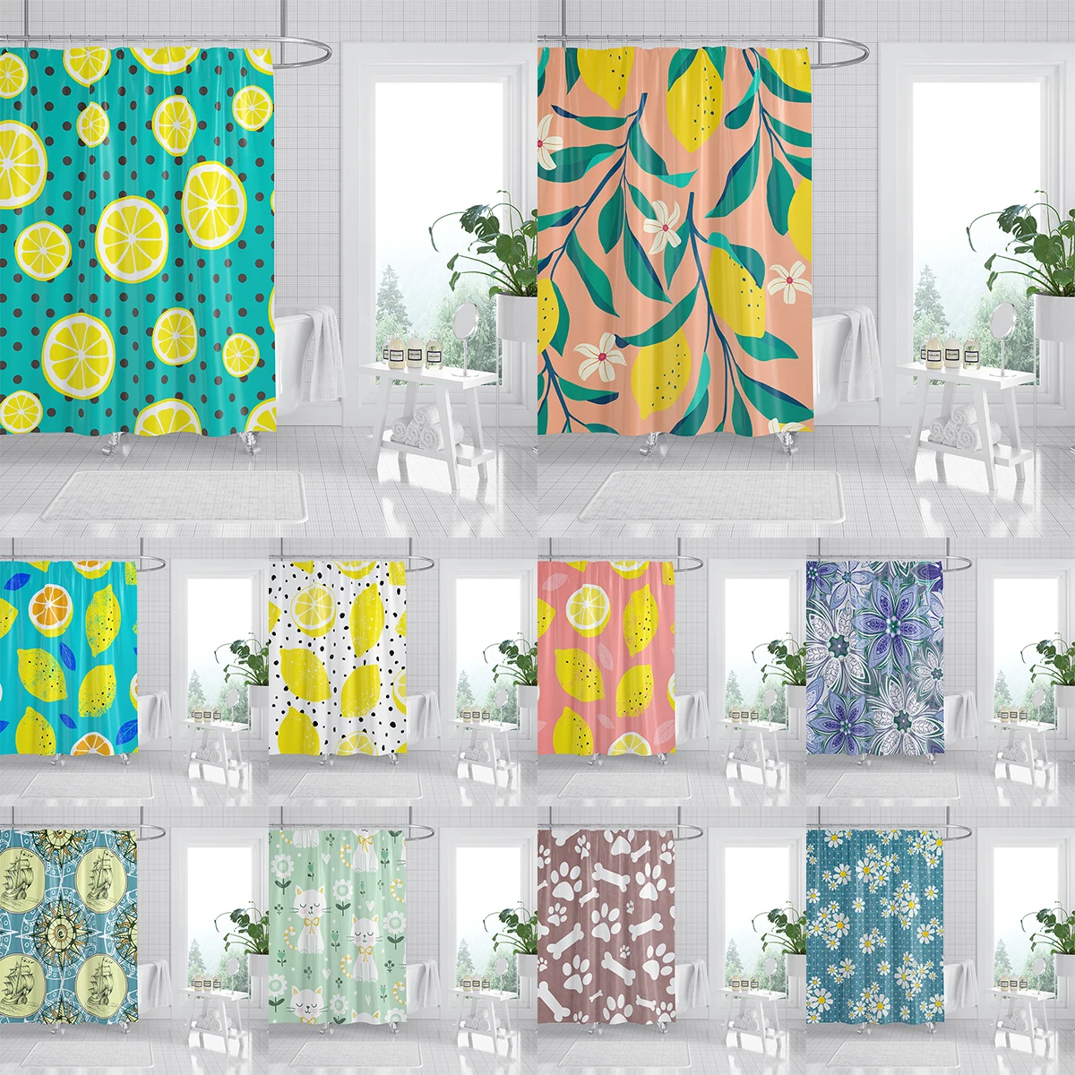 

Штора для душа с лимоном, водонепроницаемая занавеска из полиэстера, с крючками, художественный декор, летняя занавеска для ванной комнаты ...