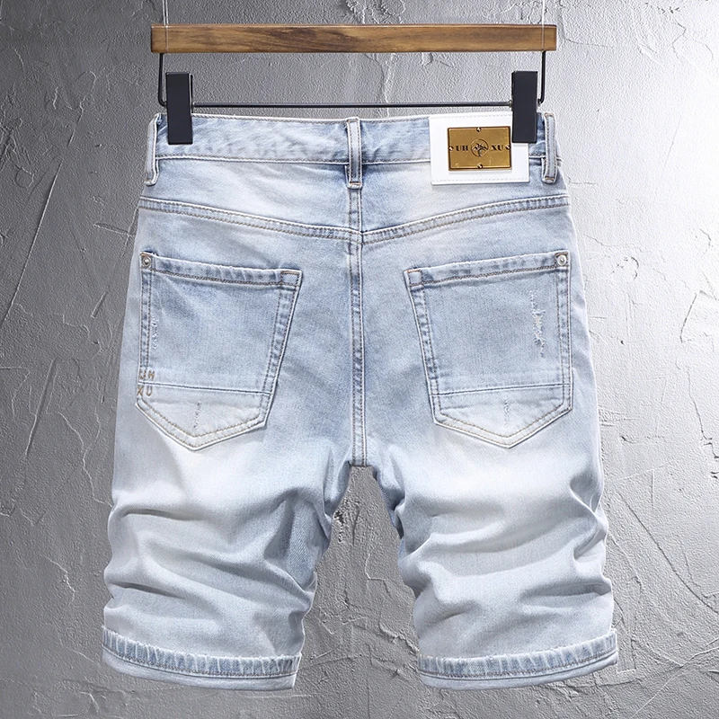 Summer Fashion Designer Short Jeans Men Retro Light Blue Stretch Slim Fit Ripped Jeans Patched Vintage Casual Denim Shorts Men