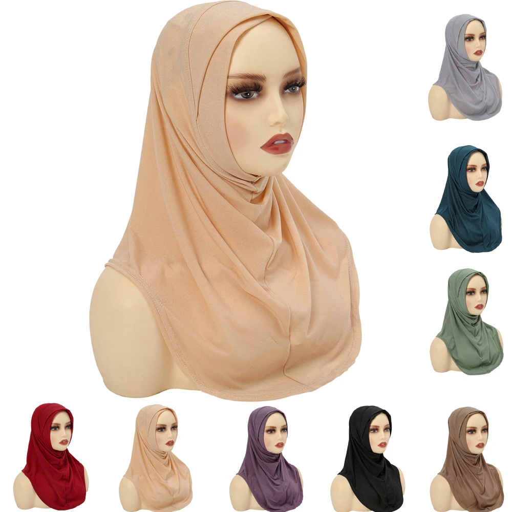 

Muslim Women New Solid Color Hijab Instant Scarf Turban Islamic Headscarf One Piece Amira Pull On Shawl Wrap Pray Hat Khimar Cap