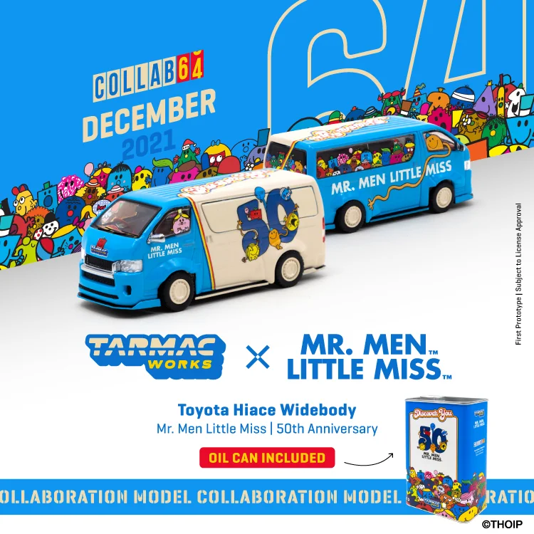 Tarmac работает 1:64 Toyota Hiace Widebody Mr. Men Little Miss 50-й Вт/металлическая масляная банка литая
