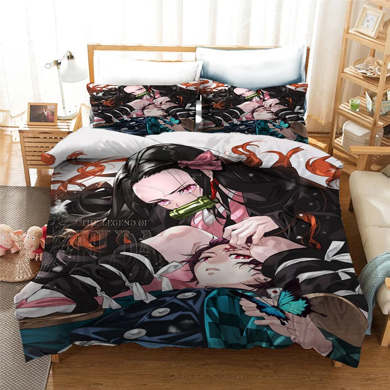 

Japan Anime Nezuko Tanjirou Bedding Set Demon Slayer Duvet Cover Set for Adults Bed Set King Queen Size Kids Home Bedroom Decor