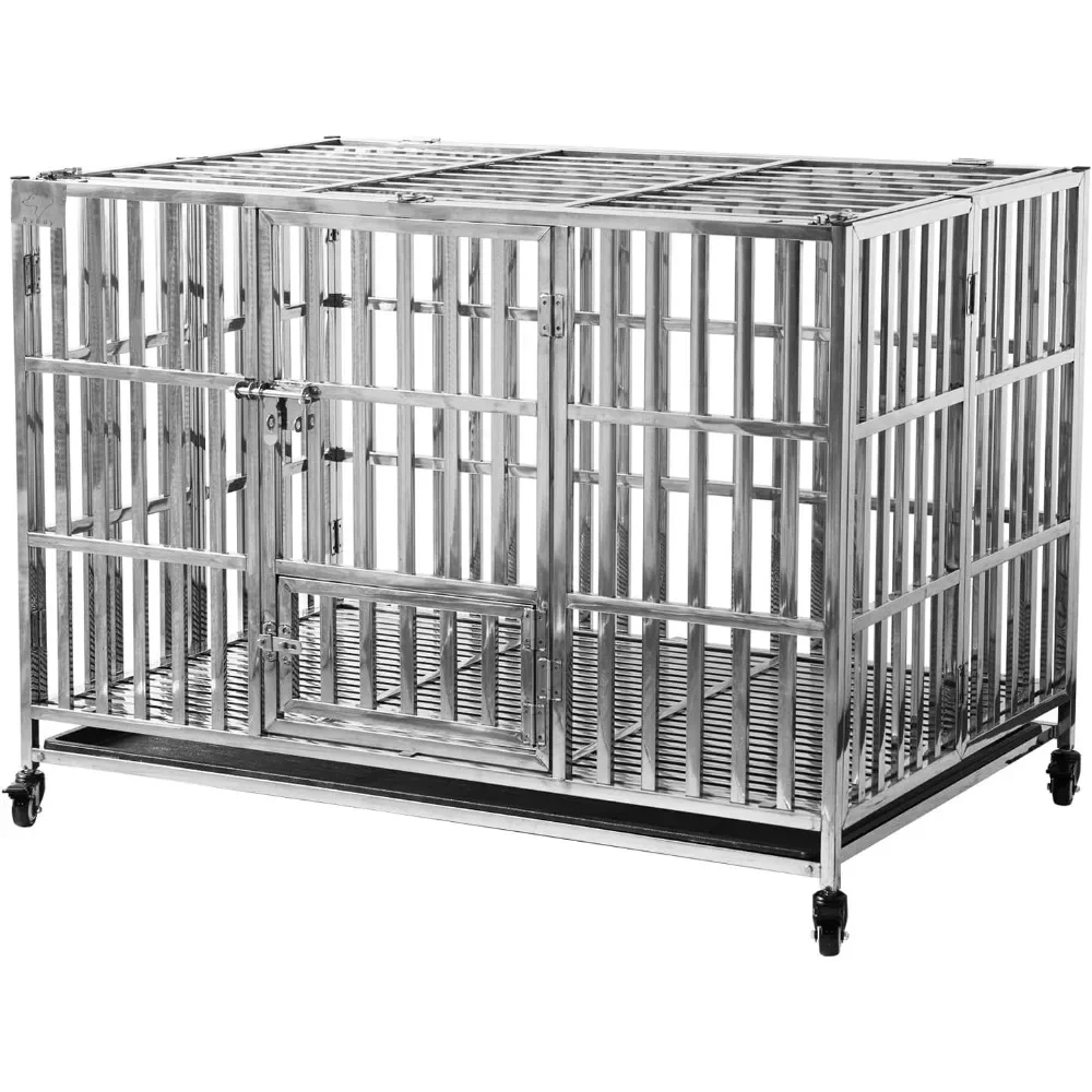 

48 "stackable Heavy-duty Dog Cage Pet Stainless Steel Dog Cage, Suitable for Large Dogs, with A Tray Inside The Door, Foldable