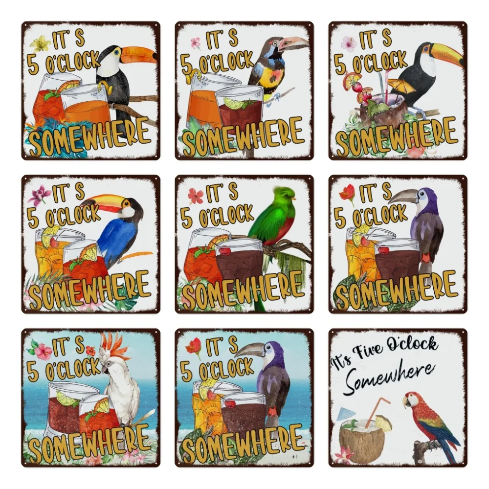 

Funny Parrot Cocktail Bar Sign, 20x20cm, Vintage, Metal Wall Decor, Summer Life, It's 5 O'clock Somewhere, Home Decor, WY282