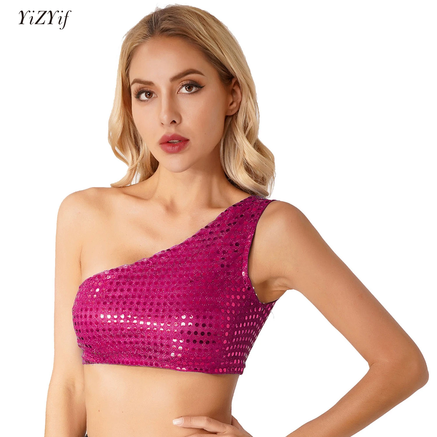 

Sexy Women Sequin One Shoulder Crop Top Y2K Chic Sleeveless Tank Tops Camisole Backless Vest for Summer Pub Party Clubwear 90s