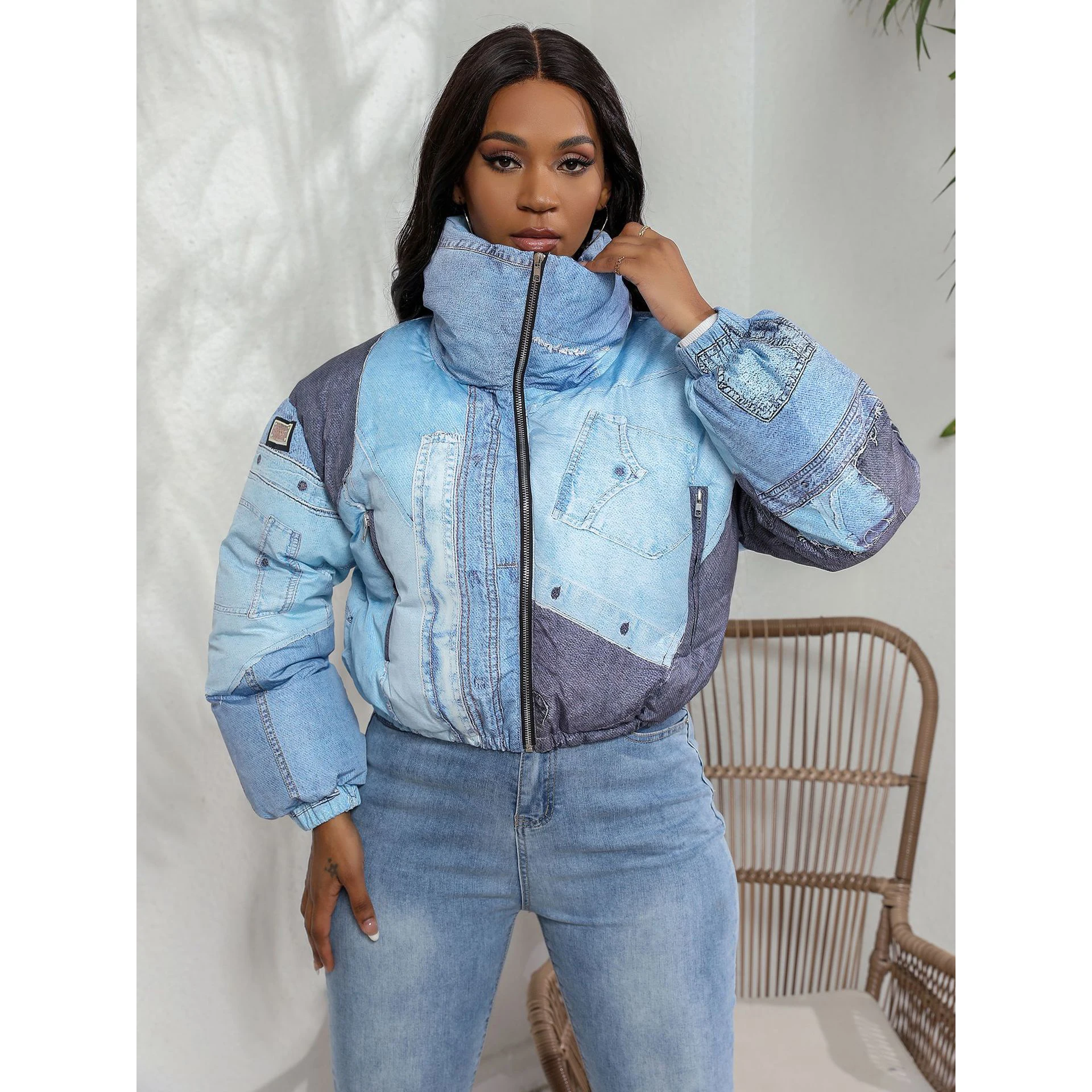 

Denim Print Puffer Jackets Crop Bubble Winter Puff Coats Y2K Streetwear Clothes 2023 Women Cropped Bubble Thick Winter Jackets