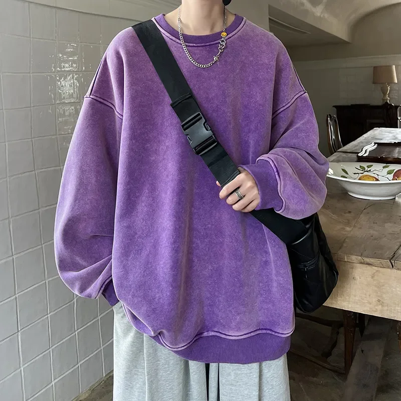 Fashion New Washed Pullover Sweatshirt Men's Loose Solid Color 2023 Autumn Large Size Warm O-neck Top Hip-hop Sweatshirt Men