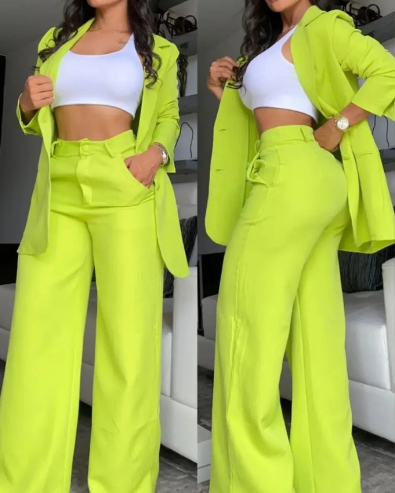 Elegant Women's Blazer and Pants Two Piece Set Female Outifits Fashion Notched Collar Coat & Pocket Design Trouser Suit Spring