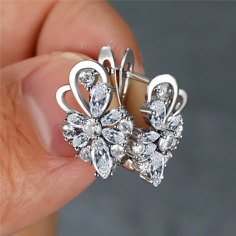 Boho Female Butterfly Hoop Earrings Dainty Crystal Multicolor Stone Earrings Trendy Silver Color Bridal Earrings For Women Party