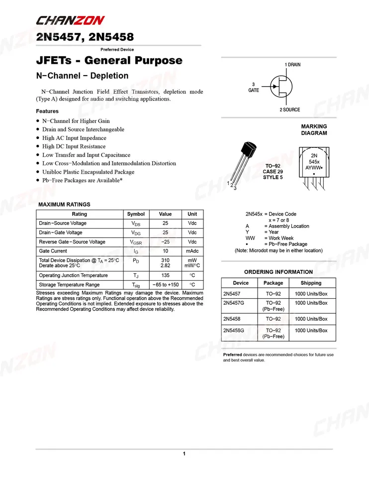 10pcs 2N5457 Transistors – TO-92 Package For Audio Signal Amplifier & General Use