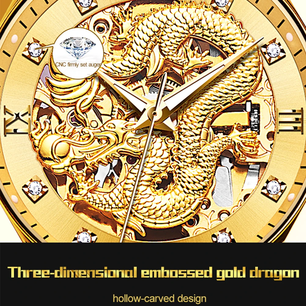 JSDUN Gold Dragon Watch for Men Luxury Brand Automatic Mechanical Watch Stainless Steel Strap Hollow-carved Man Clock Gift 8840