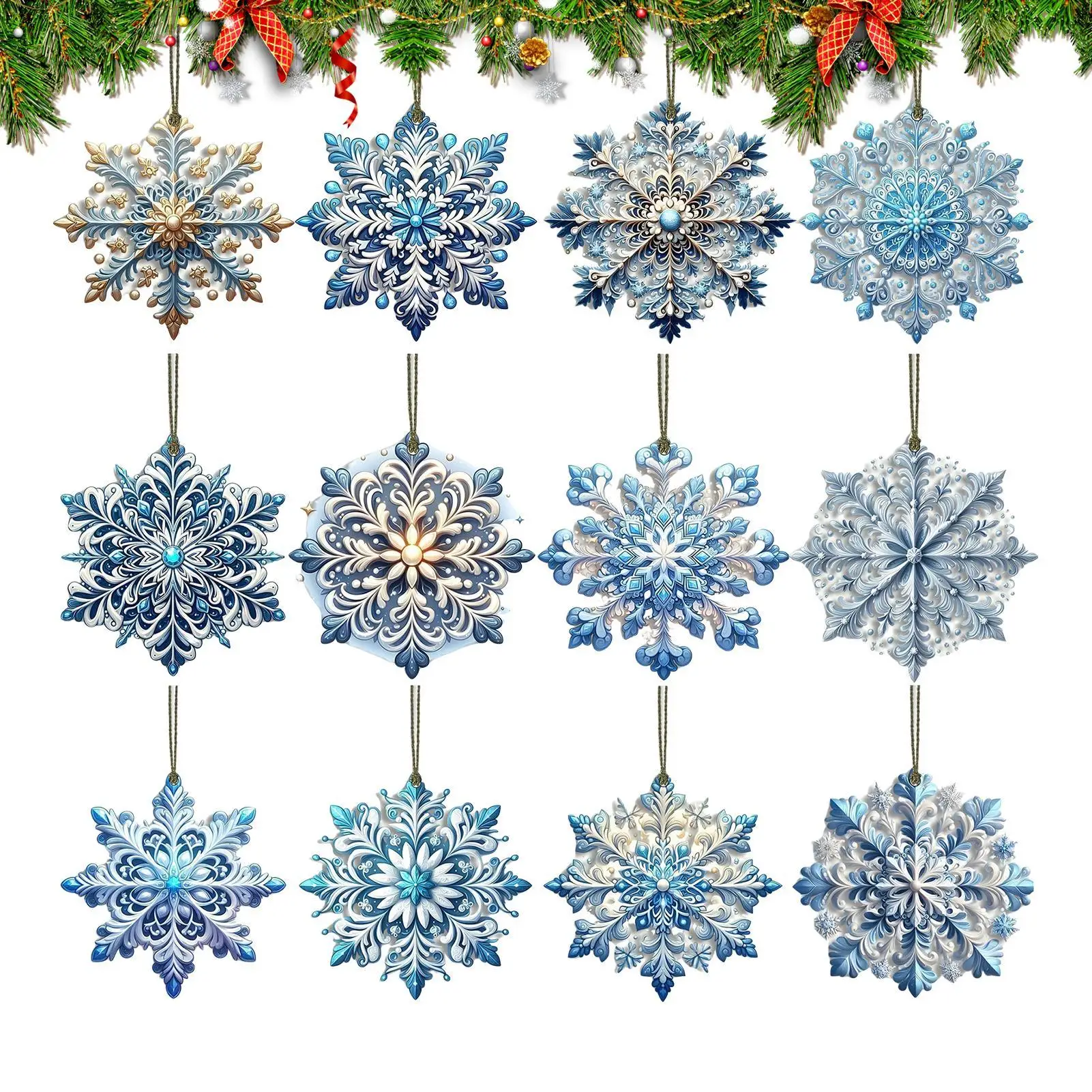 Snowflake Decor 24Pcs Blue Pendant Double-Sided 2D Christmas Snowflake Decoration with Hook for Winter Window Wall Decoration