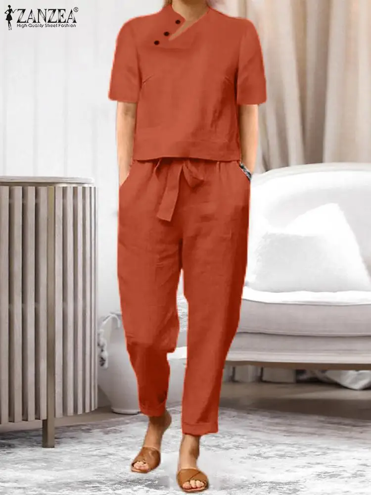 

Комплект брюк ZANZEA женский с коротким рукавом, комплект из 2 предметов, топ с круглым вырезом, штаны-султанки, рабочая одежда для отдыха, повседневный свободный спортивный костюм