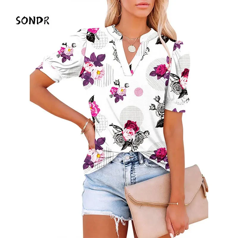 

Short Sleeve Summer 2022 Fashion Top Women Commute Leisure Fashion Woman Clothes Sexy Printing Puff Sleeves V-neck T-shirts A02