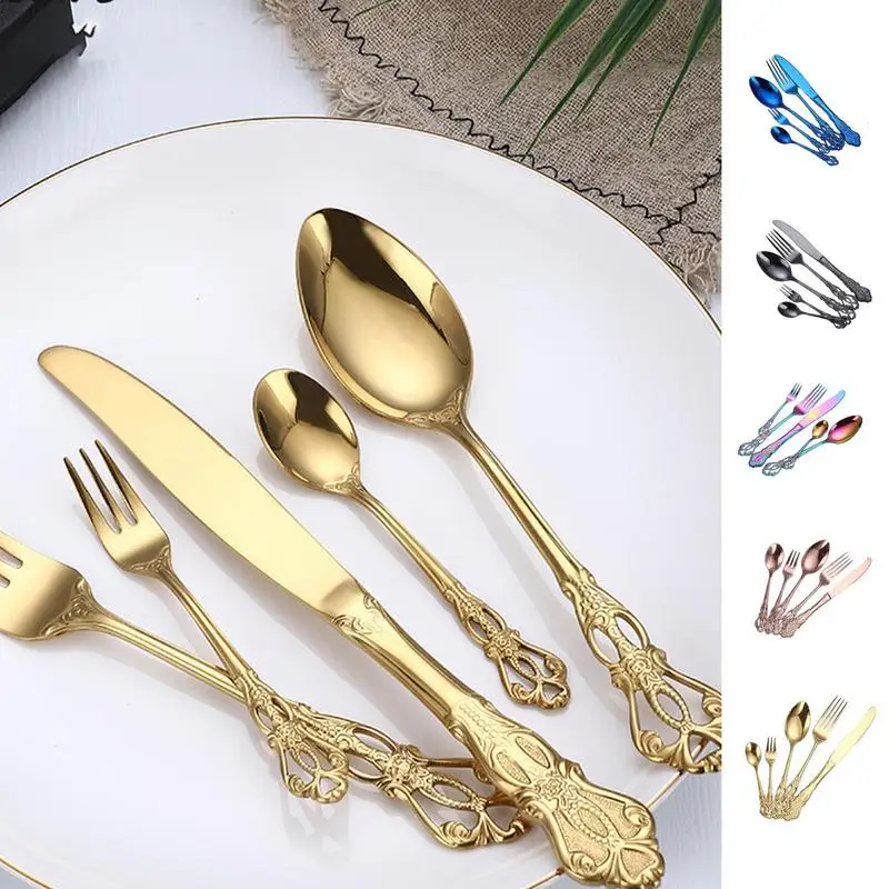 

5Pcs Gold Dinnerware Set Stainless Steel Tableware Knife Fork Spoon Luxury Cutlery Set Gift Box Flatware Utensils For Kitchen