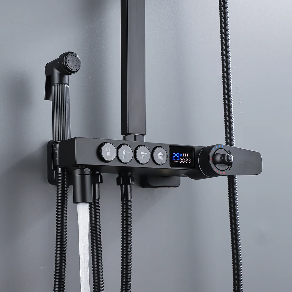 Bathroom faucet bathroom shower faucet set thermostatic mixing valve Black display thermostatic shower faucet set rainfall bathtub tap bathroom shelf water flow produces electricity