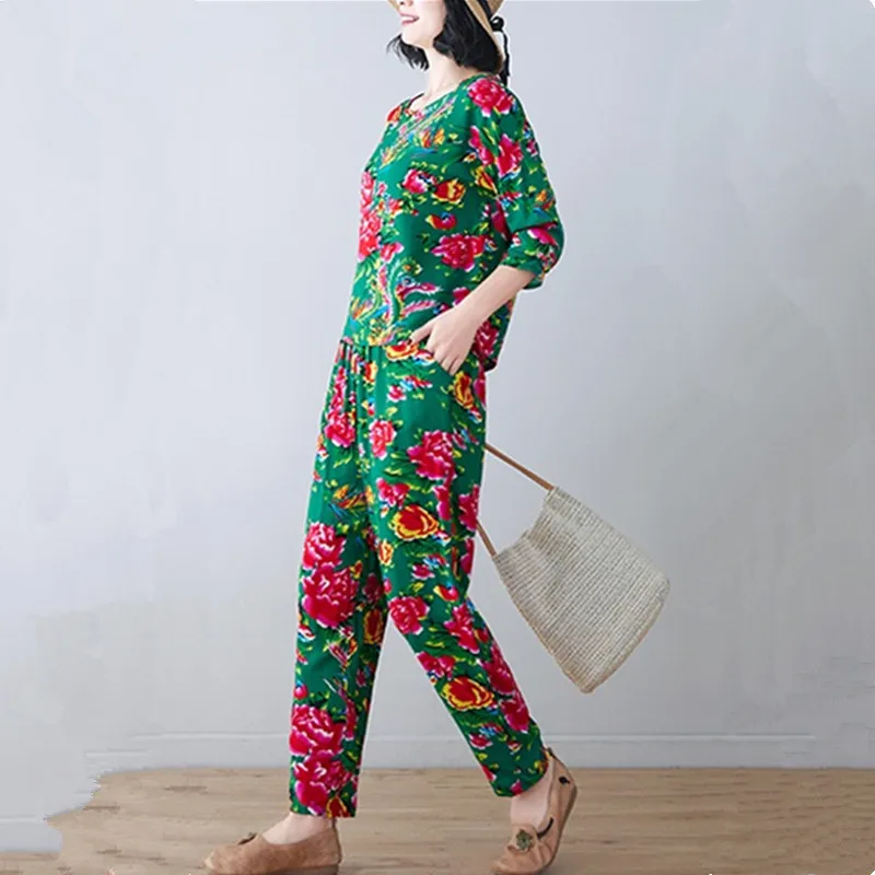 UHYTGF Middle-Aged Womens Spring Summer Suits Pajamas Printed Cotton Silk Home Clothes Female Thin Sleepwear 4XL Loose Size 2374