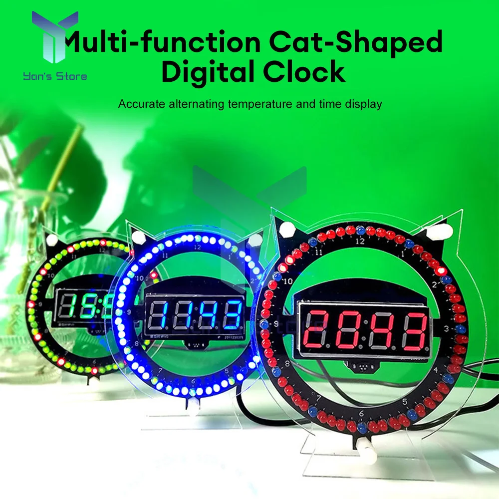 LED Fun Alarm Clock Electronic Soldering Multifunctional Cat Clock Creative Light Control Temperature Assembly Welding DIY Kit