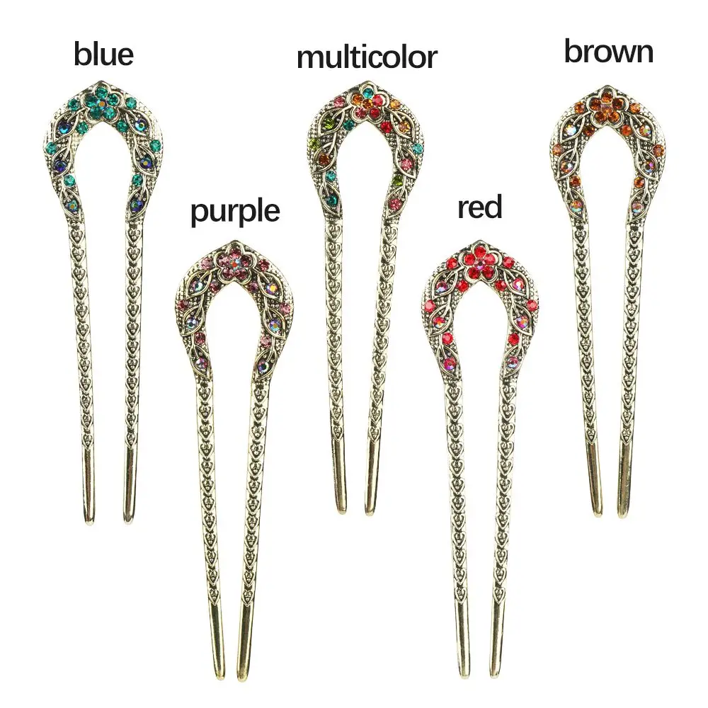 Vintage U Shaped Hair Sticks Crystal Chignon Double Prong Hair Pins Headdress Metal Bronze Hairstyle Accessory Hair Chopsticks