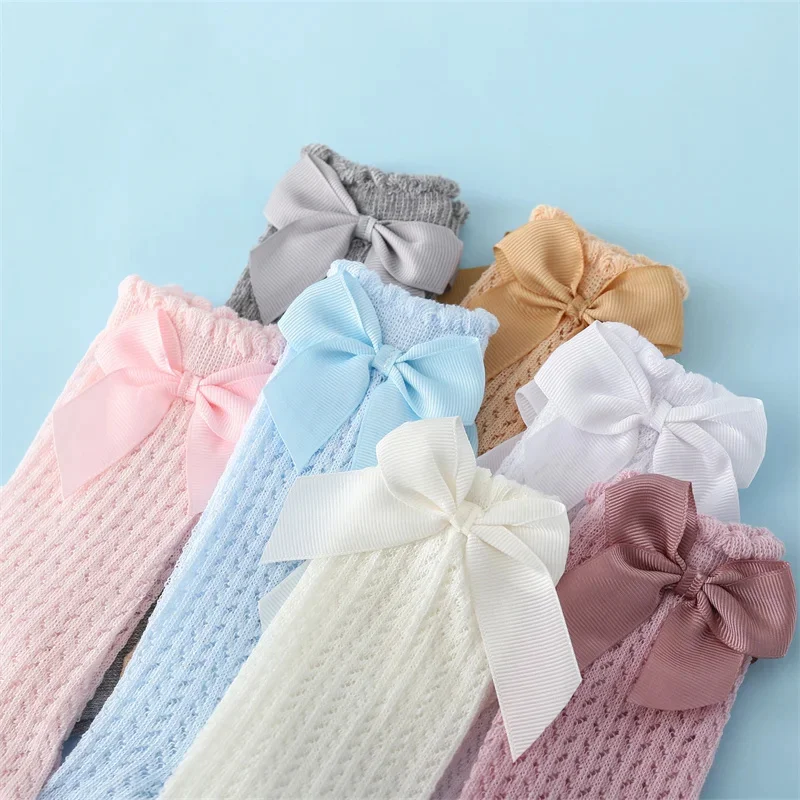 Baby Girls' Cotton Knee Socks, Recém-nascido, Infante, Princesa, Longo, Malha, Renda, Criança Bow, Verão, Novo, 0-24Month, 0-24Month