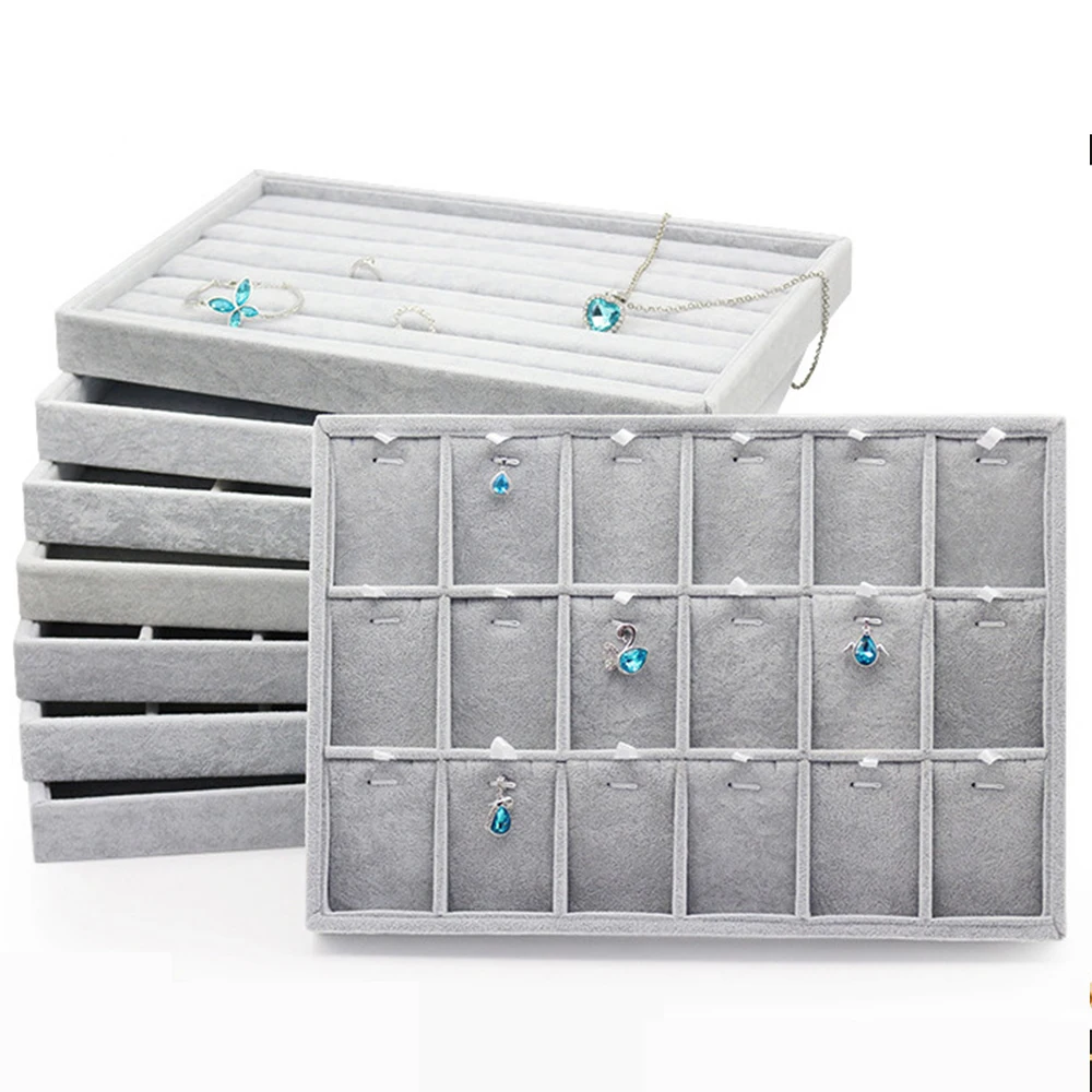 

Бархатный серый лоток для демонстрации ювелирных изделий, демонстрационный поднос для сережек, колец, подвесок, ожерелий, Штабелируемая витрина для ювелирных изделий, 1/15/24 ячейки