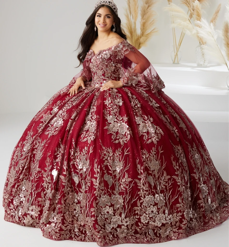 

Lorencia Dark Red Flowers Ball Gown Quinceanera Dresses With Shawl Sweet 16 Dress Princess Birthday Formal Occasion Gown YQD182