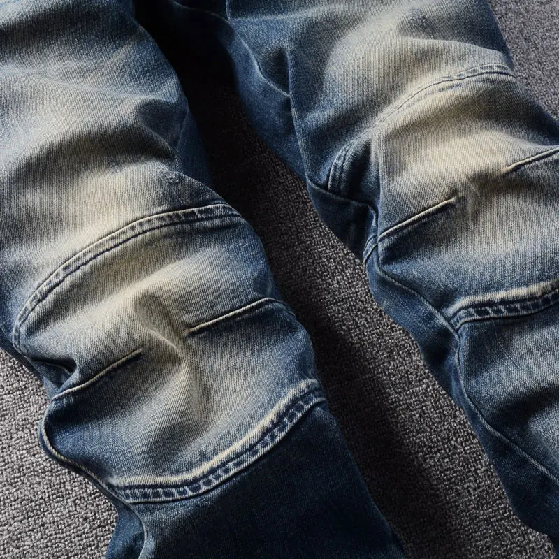 Streetwear Fashion Men Jeans Retro Dark Blue Stretch Slim Fit Spliced Biker Jeans Homme Patched Designer Hip Hop Denim Pants Men