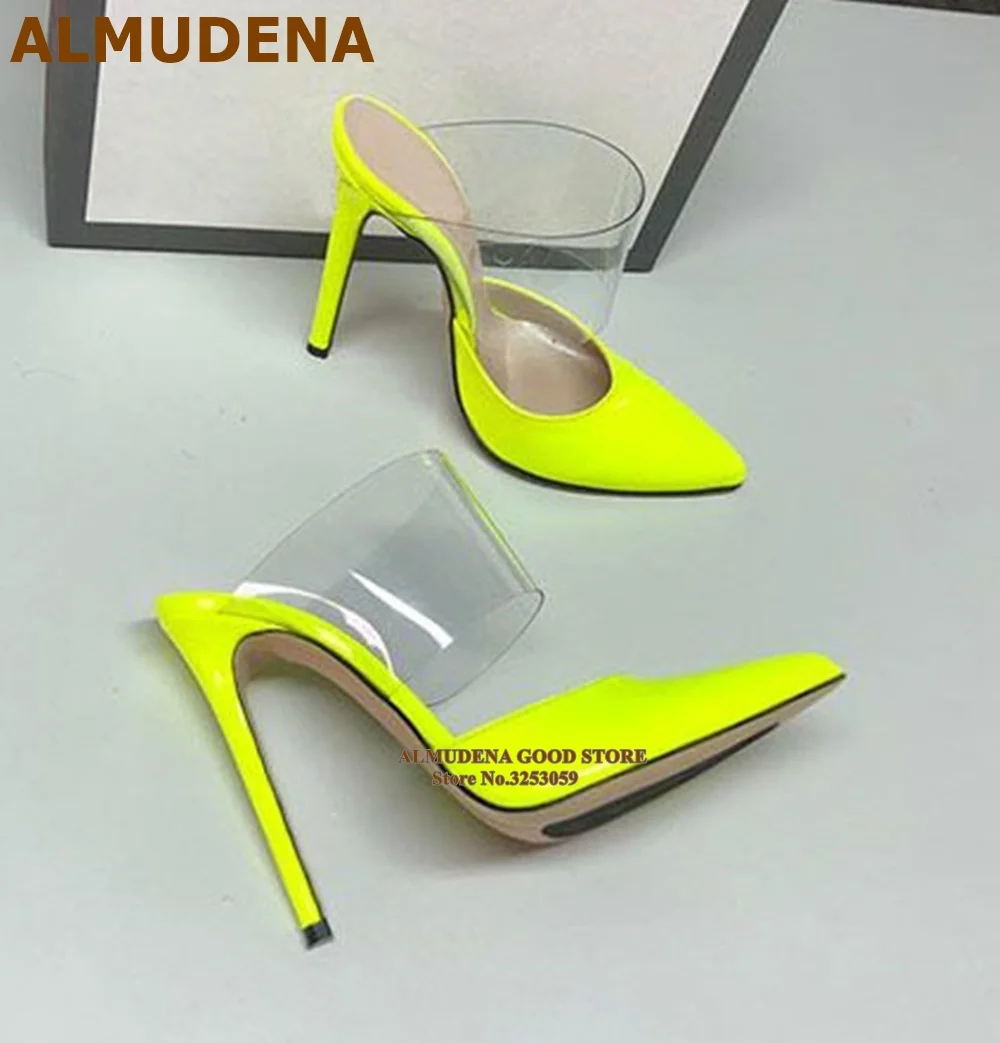 

ALMUDENA Neon Yellow Clear PVC Patchwork Slippers Thin High Heel Pointed Toe Colorized Banquet Pumps Pink Green Sandals Size46