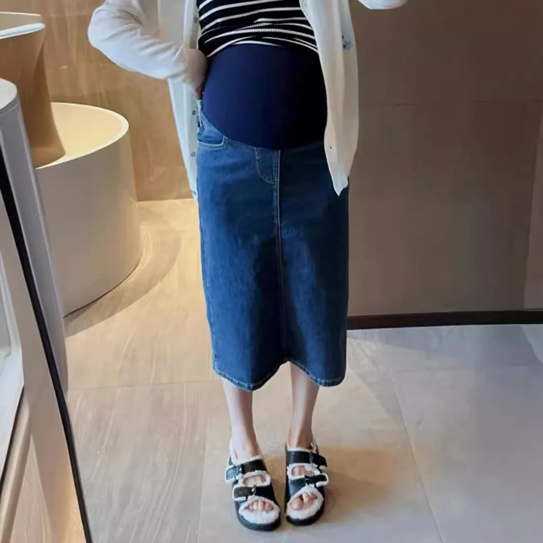 Maternity Denim Skirts High Waist Back Split A-Line Ankle-length