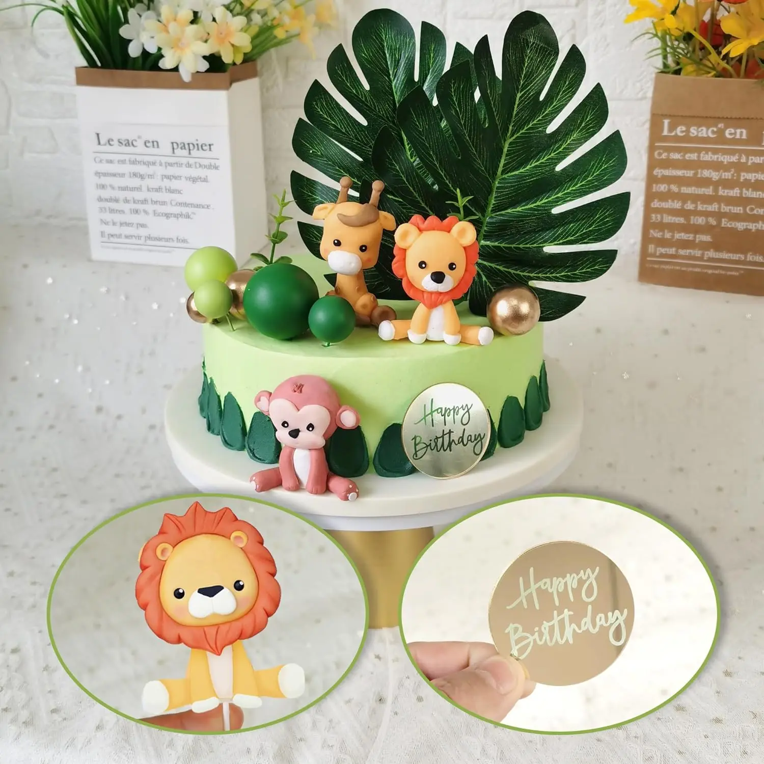Dschungel-Safari-Tier-Kuchenaufsatz mit bunten Kugeln, Plam-Blätter, Kuchendekoration für Mädchen und Jungen, wildes Thema, Geburtstagsfeier, Baby – Detail 4