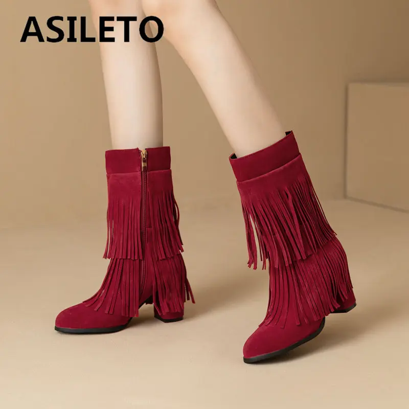 

ASILETO Ladies Mid Calf Boots Flock Suede Round Toe Block Heels 7.5cm Zipper Tassels Plus Size 48 49 50 Fashion Dating Booty