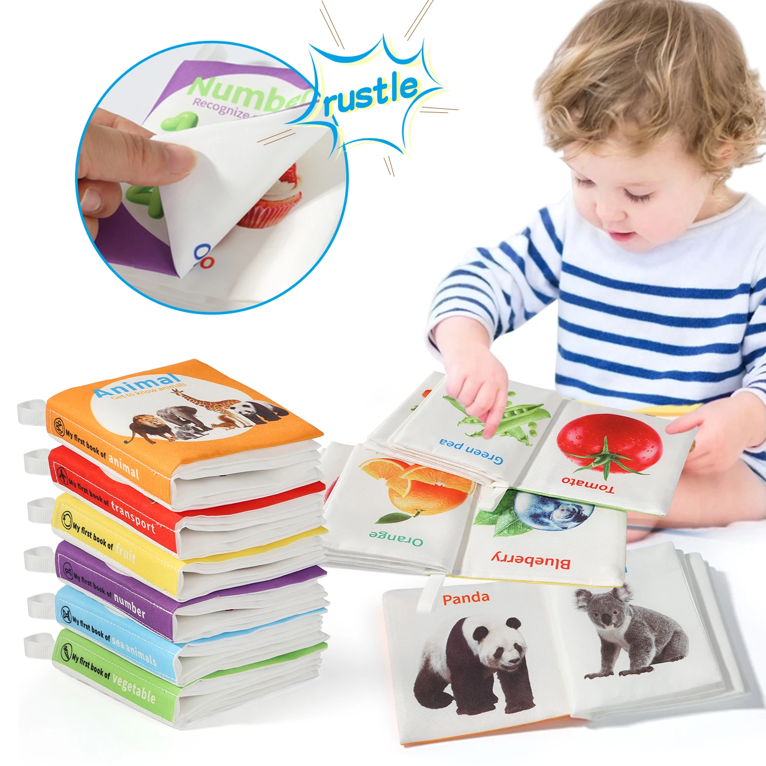 Libro di illuminazione per bambini a sei pagine 0-6 mesi Carta sonora lavabile addensata + Touch Grip Neonato Visual Touch Illuminazione Cogniti - immagine 5