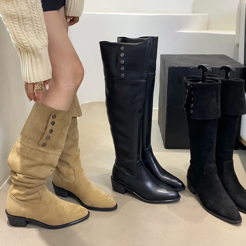 

Сапоги до колена, обувь на каблуке для женщин, модная обувь с закругленными краями, женская обувь с острым носком, женские длинные сапоги в западном стиле