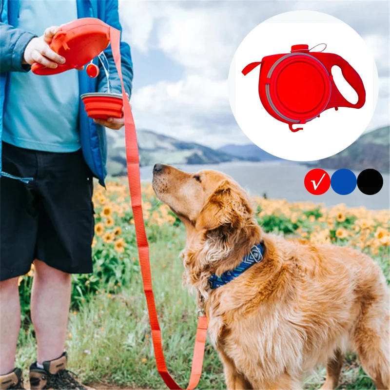 Dog Leash With Water Bowl Bottle Portable Nylon Pet Leash for Dogs Cats Outdoor Walking Travel