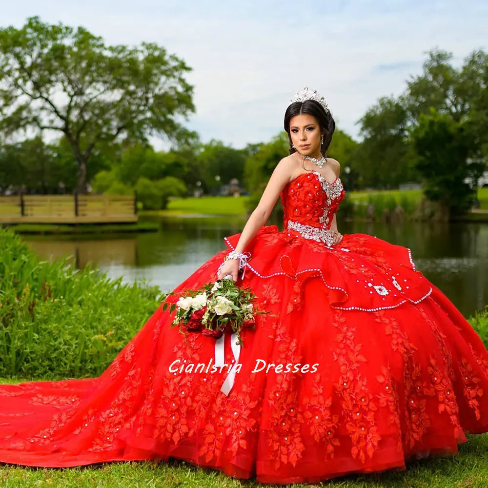 

Red Sleeveless 3D Flowers Crystal Quinceanera Dress Ball Gown Tiered Ruffles Appliques Beading Corset Sweet 15 Vestidos XV Años