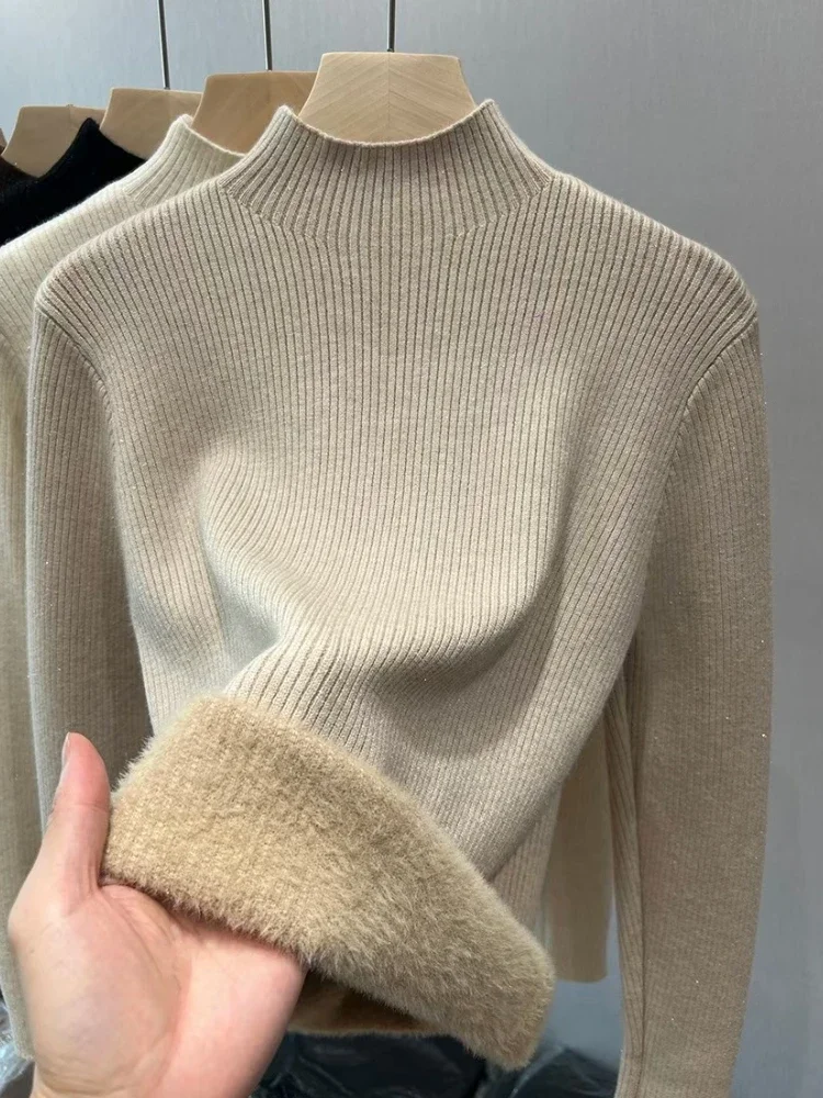Women's Autumn and Winter New Semi-turtleneck Solid Color Long-sleeved Sweater Fashion Integrated Fleece Warm Bottoming Shirt