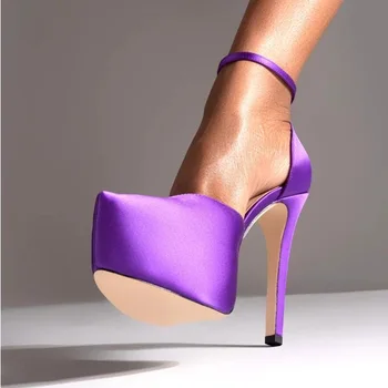 Purple Satin Platform Heel Women Pumps Round Toe Ankle Strap Spring Autumn Banquet Shoes Big Size 45 Stiletto High Heels Shoes