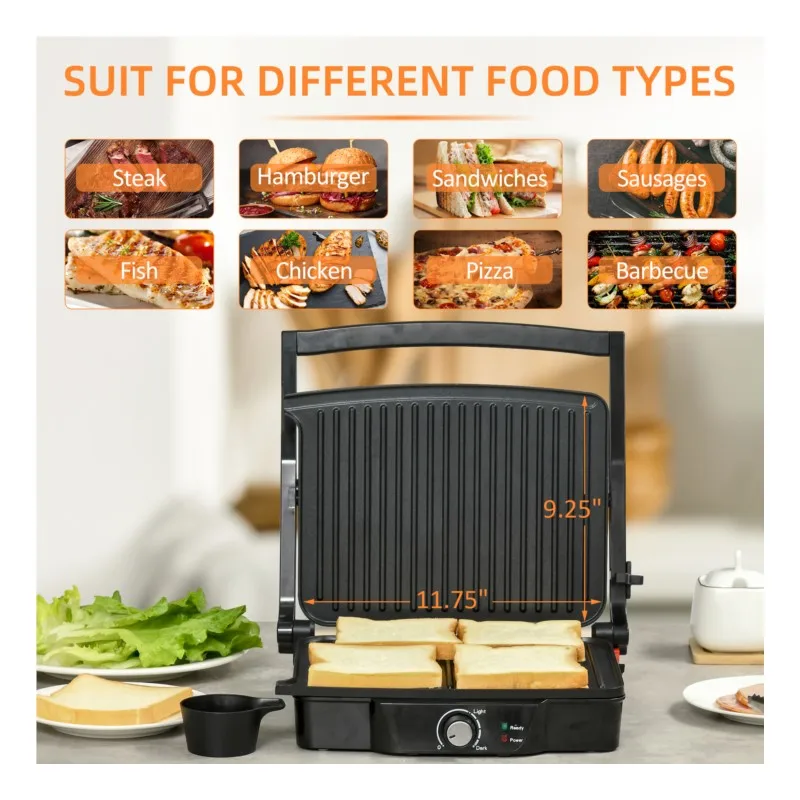 4 Slice Panini Press Grill Stainless Steel Sandwich Maker with Non-Stick Double Plates Locking Lids Drip Tray Opens 180 Degrees 4