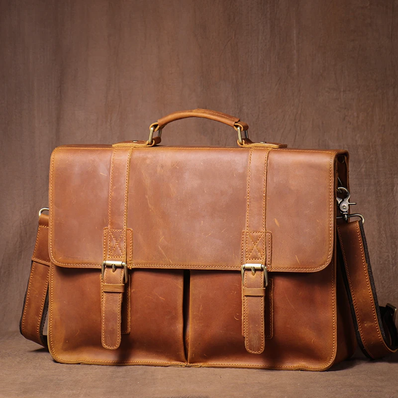 LUOKIR Vintage Crazy Horse Briefcase Travel Genuine Leather Handbag Luxury Men's Messenger Computer Shoulder Bag 14 Inch Laptop 4