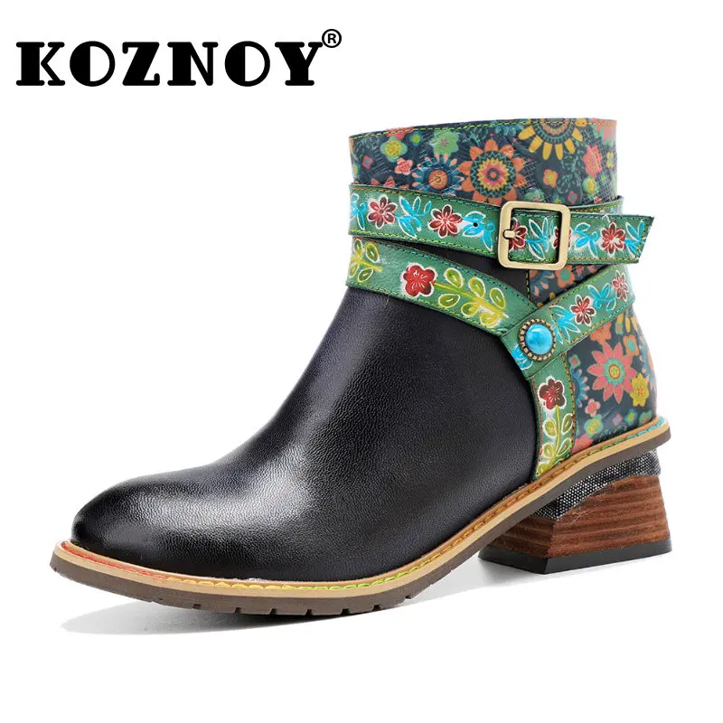 

Koznoy 5cm New Sheepskin Leather Plus Size Autumn Spring Mid Calf Ankle Booties Women Zipper Females Ethnic Fashion Ladies Shoes