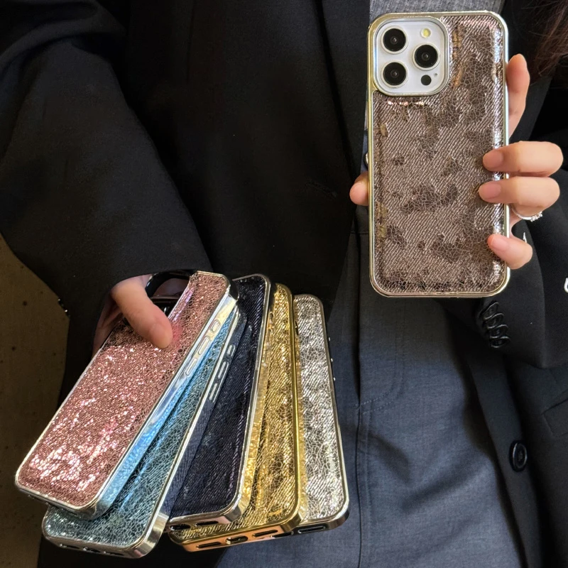 Luxury Stylish Wrinkle Leather Electroplated Phone Case with Shockproof Back Cover