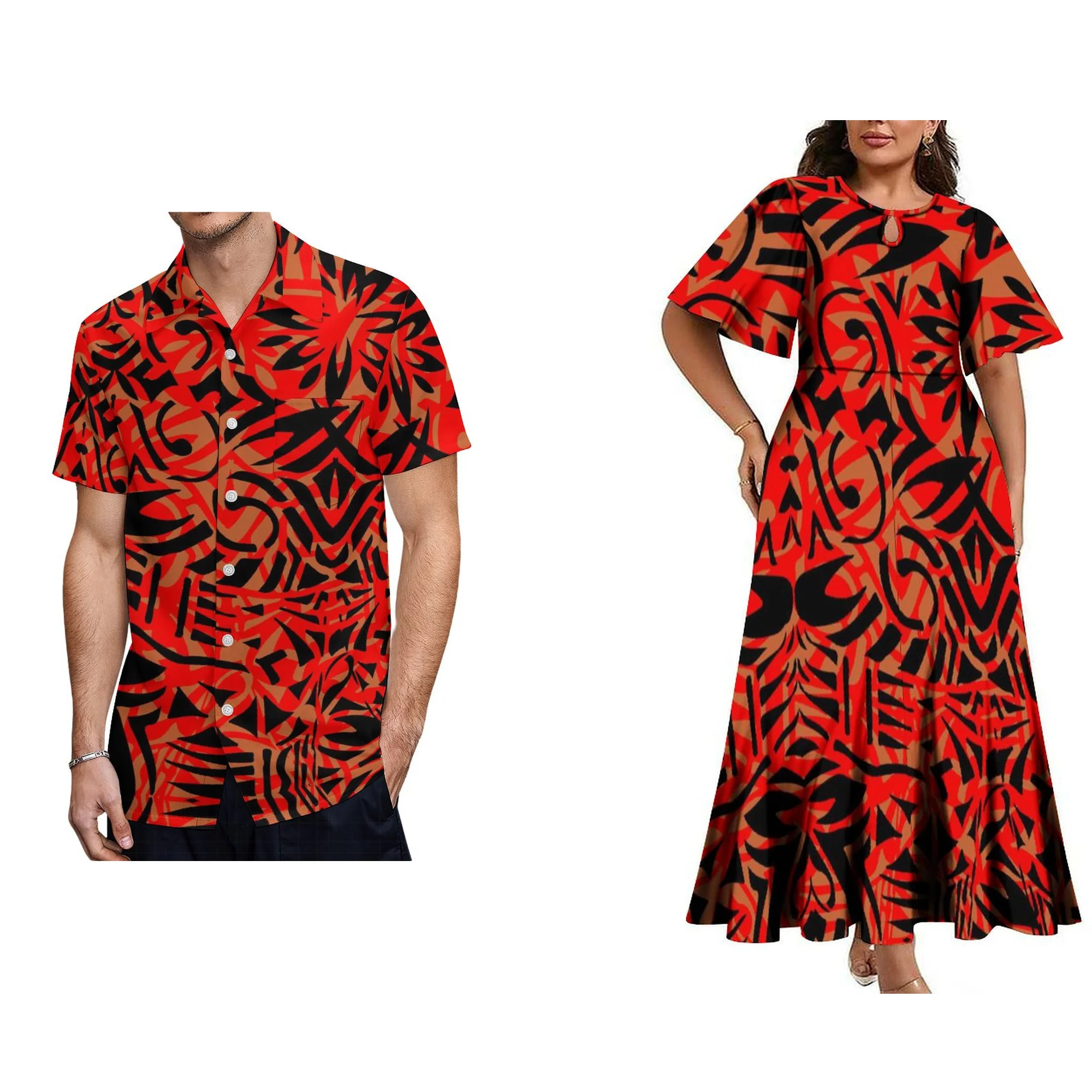 Wholesale Custom Polynesian Tribal Crew Neck Short Sleeve Maxi Ladies Dresses Women Elegant Plus Size Midi Pleated Samoan Dress