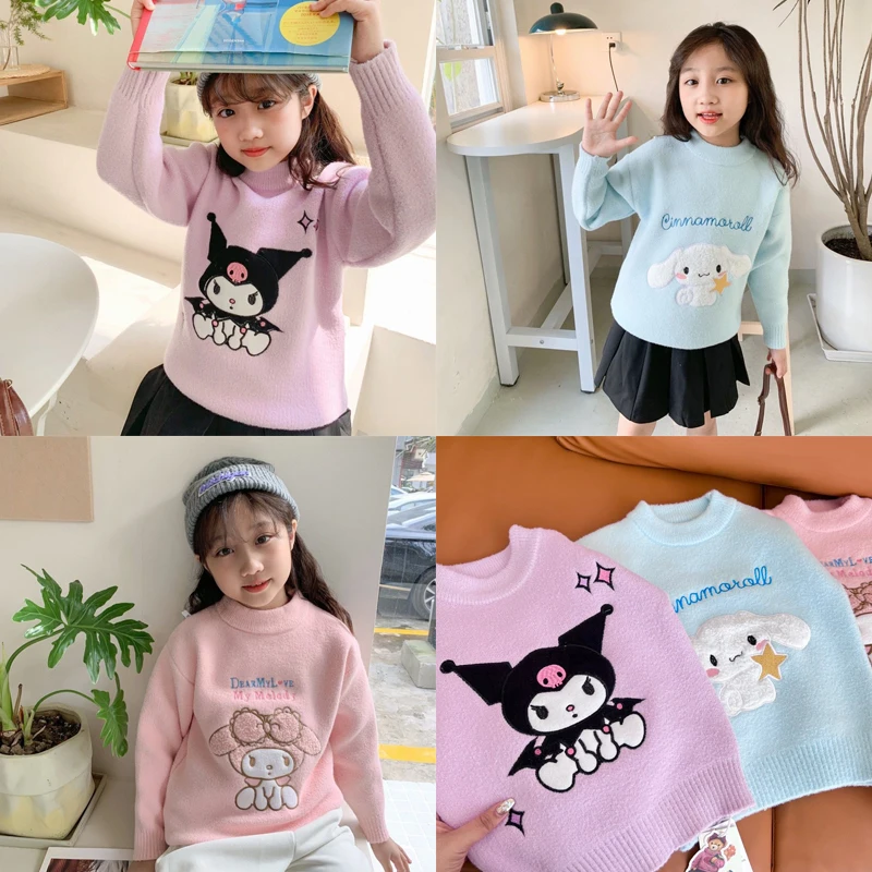 

Anime Kuromi Child Sweater Sanrioed Autumn Winter Figure Embroidery Round Neck Knitting Versatile Kawaii Cartoon Girl Jacket