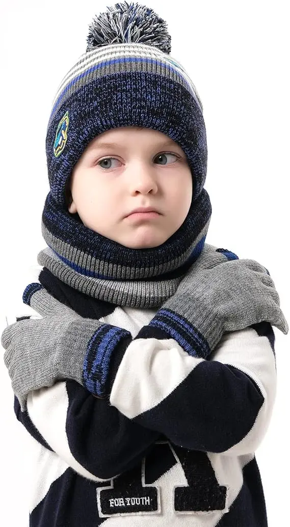 Maylisacc Winter Kids Bobble Hat Scarf Gloves Set with Double Layer Fleece Lining for Boys Girls Aged 3-8, Warm Knitted Pom Pom