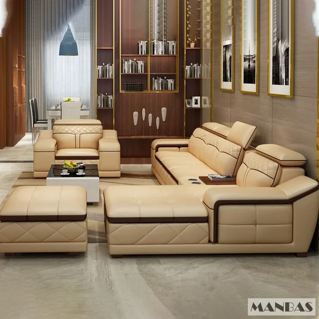 Linlamlim Living Room Italian Leather Couches | Luxury L-Shaped Genuine Leather Sectional Sofa Sets with USB, Bluetooth Speaker 3